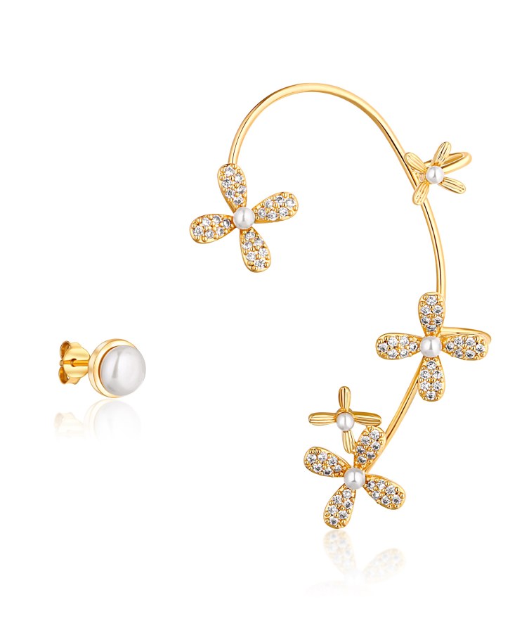 JwL Luxury Pearls Pozlacené asymetrické náušnice s perlami a zirkony - levá záušnice JL0776 - Náušnice Pecky