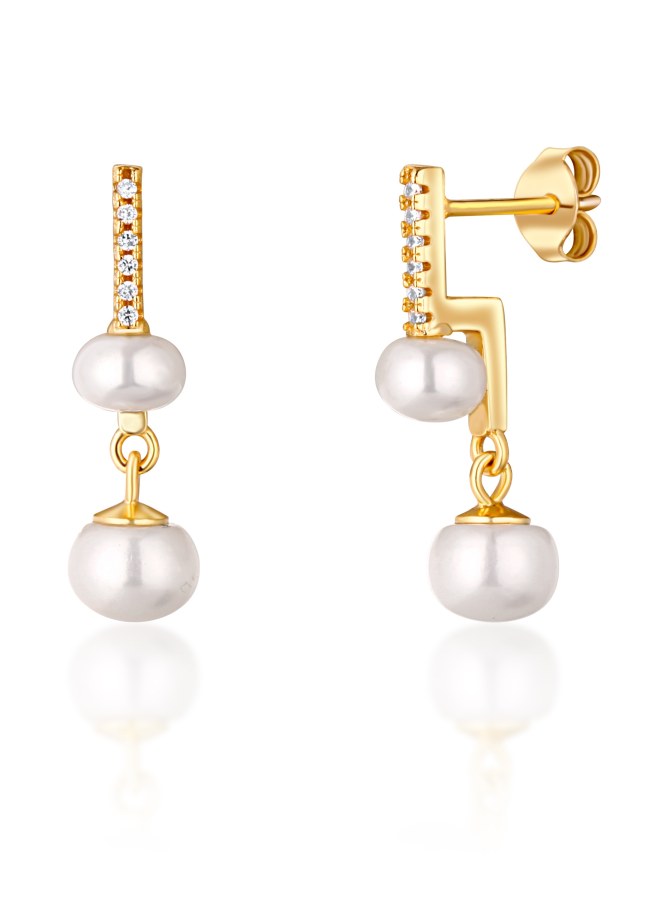 JwL Luxury Pearls Nápadité žlutě zlacené náušnice s pravými perlami a zirkony JL0772 - Náušnice Visací náušnice