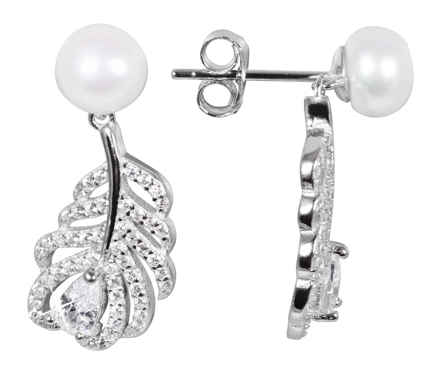 JwL Luxury Pearls Perlové náušnice s bílou pravou perlou a zirkony Peříčka JL0536 - Náušnice Visací náušnice