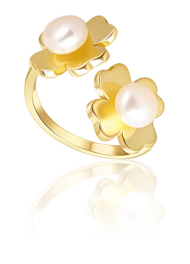 JwL Luxury Pearls Pozlacený prsten s pravými perlami Čtyřlístek JL0693 - Prsteny Otevřené prsteny
