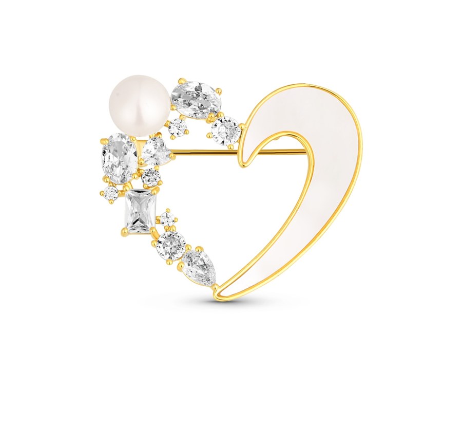 JwL Luxury Pearls Romantická pozlacená brož 2v1 srdce s krystaly a perletí JL0841 - Brože