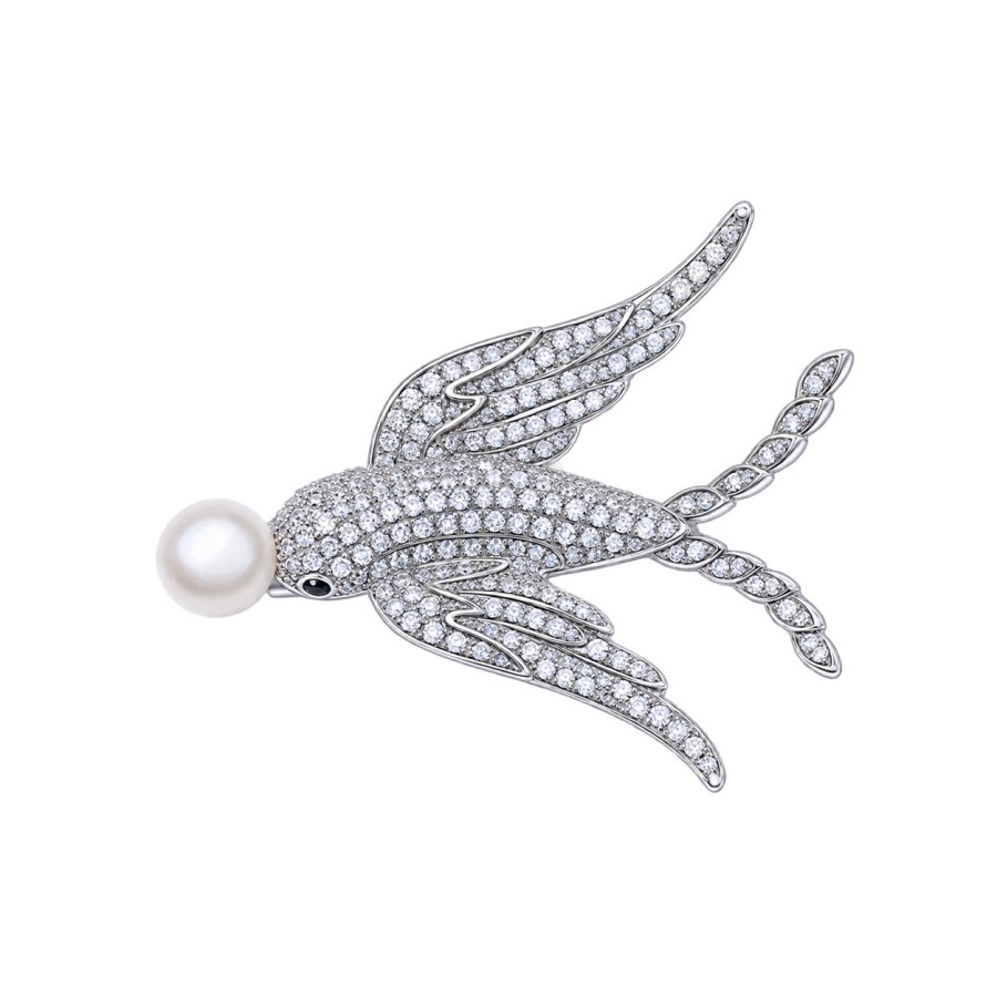 JwL Luxury Pearls Stříbrná brož s&nbsp;perlou a&nbsp;zirkony Vlaštovka JL0884 - Brože