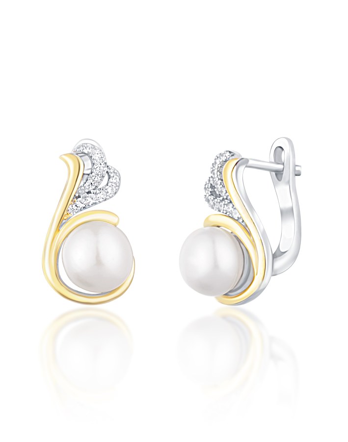 JwL Luxury Pearls Stříbrné bicolor náušnice s pravými perlami a zirkony JL0720 - Náušnice Visací náušnice