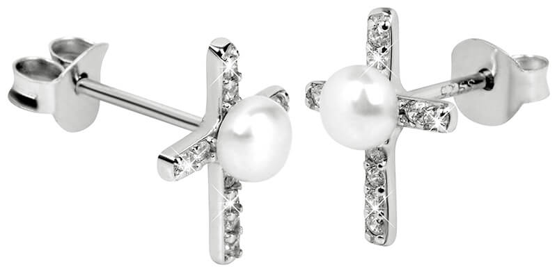 JwL Luxury Pearls Stříbrné náušnice Křížek s pravou perlou a zirkony JL0368 - Náušnice Pecky