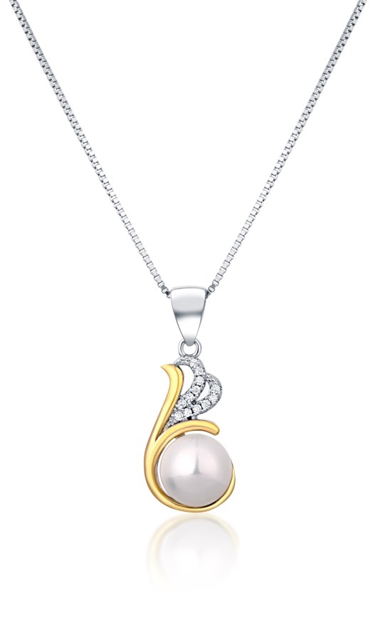 JwL Luxury Pearls Stříbrný bicolor náhrdelník s pravou perlou a zirkony JL0786 (řetízek, přívěsek) - Náhrdelníky