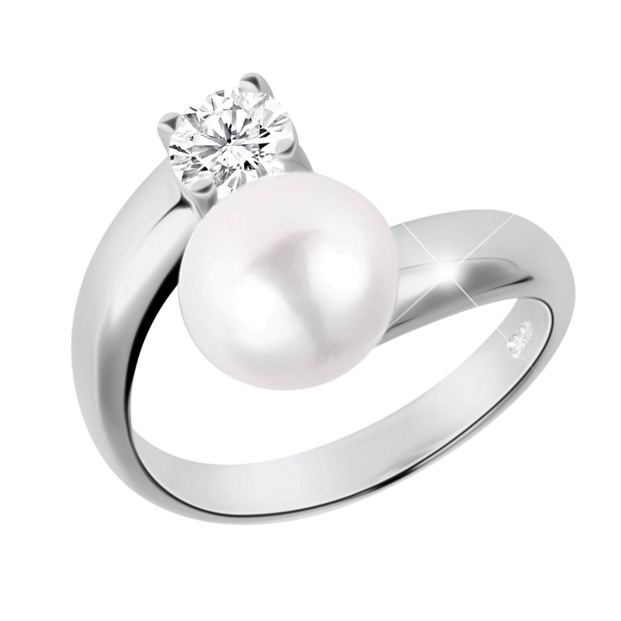 JwL Luxury Pearls Stříbrný prsten s bílou perlou a čirým krystalem JL0432 - Prsteny Otevřené prsteny