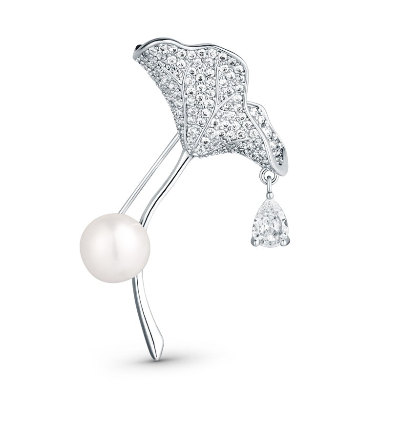 JwL Luxury Pearls Třpytivá brož 2v1 s krystaly a pravou perlou Ginkgo JL0838 - Brože