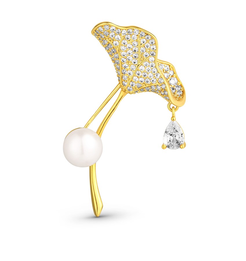 JwL Luxury Pearls Třpytivá pozlacená brož 2v1 s krystaly a pravou perlou Ginkgo JL0837 - Brože