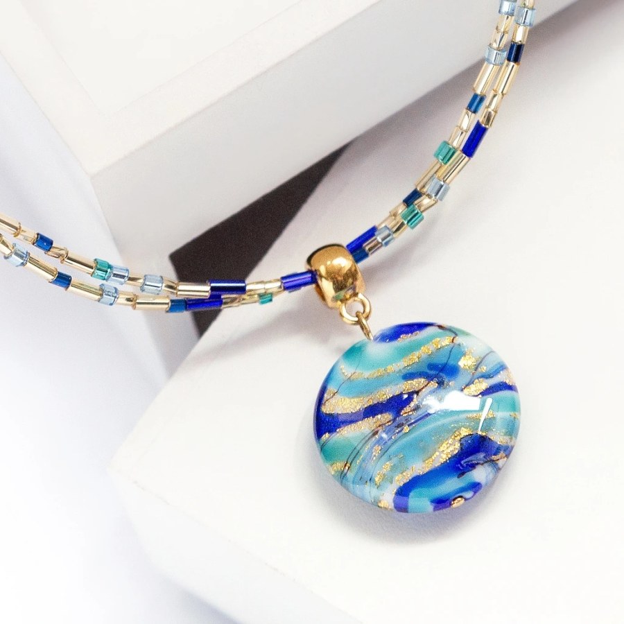 Lampglas Dvojitý náhrdelník Blue Capsule s&nbsp;24karátovým zlatem v&nbsp;perle Lampglas NP6 - Náhrdelníky Náhrdelníky s&nbsp;korálky