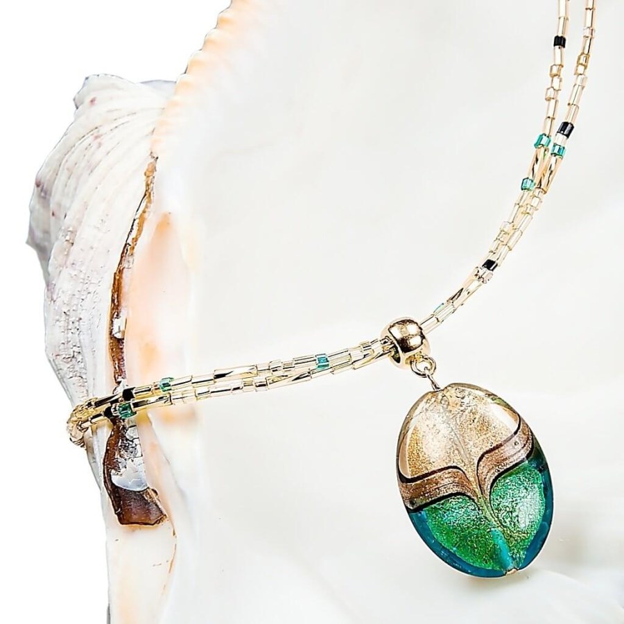 Lampglas Elegantní dámský náhrdelník Green Sea World s perlou Lampglas s 24karátovým zlatem a avanturínem NP26 - Náhrdelníky