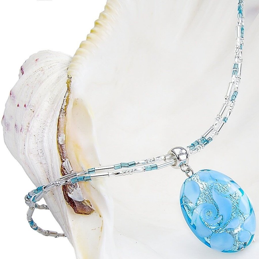 Lampglas Elegantní náhrdelník Blue Lace s perlou Lampglas s ryzím stříbrem NP4 - Náhrdelníky