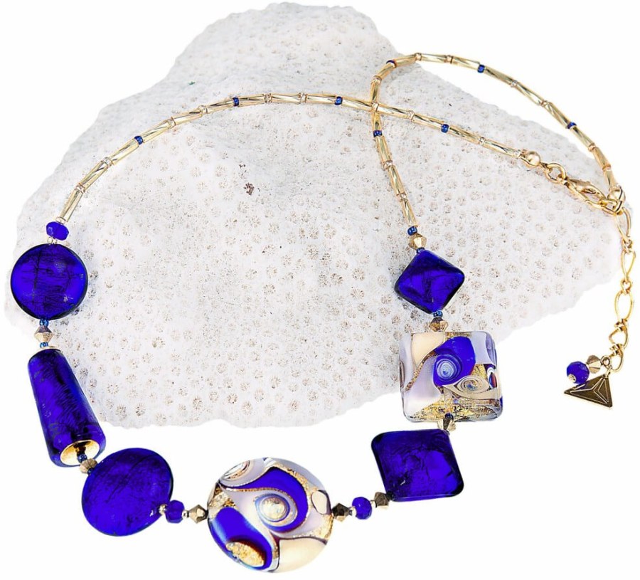 Lampglas Fascinující náhrdelník Gold Blue s 24karátovým zlatem a ryzím stříbrem v perlách Lampglas NRO5 - Náhrdelníky