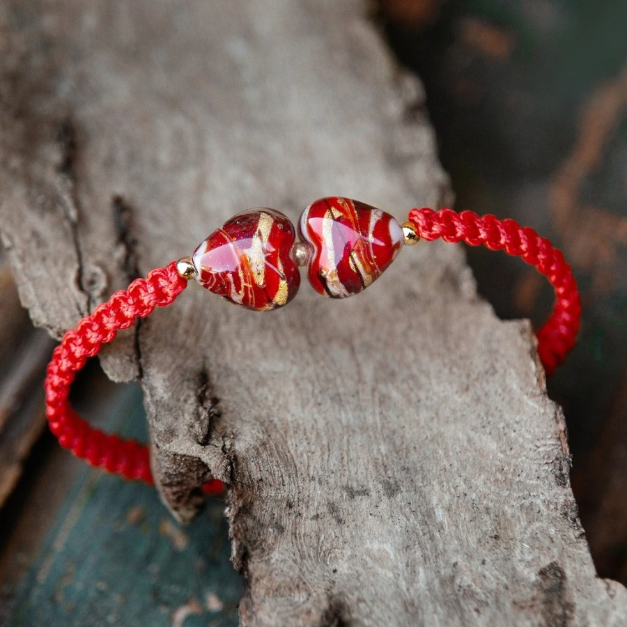 Lampglas Náramek Double Cherry Heart-Red s&nbsp;24karátovým zlatem v&nbsp;perlách Lampglas BLH-D-52/RED/POZ - Náramky Kabala náramky