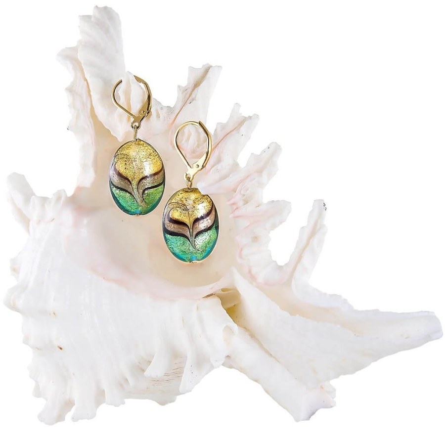 Lampglas Elegantní náušnice Green Sea World z perel Lampglas s 24karátovým zlatem EP26 - Náušnice Visací náušnice