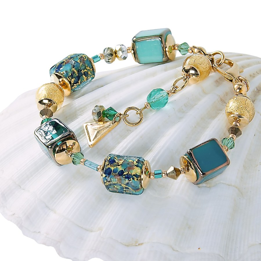 Lampglas Slušivý náramek Emerald Oasis s 24karátovým zlatem v perlách Lampglas BCU68 - Náramky Korálkové náramky