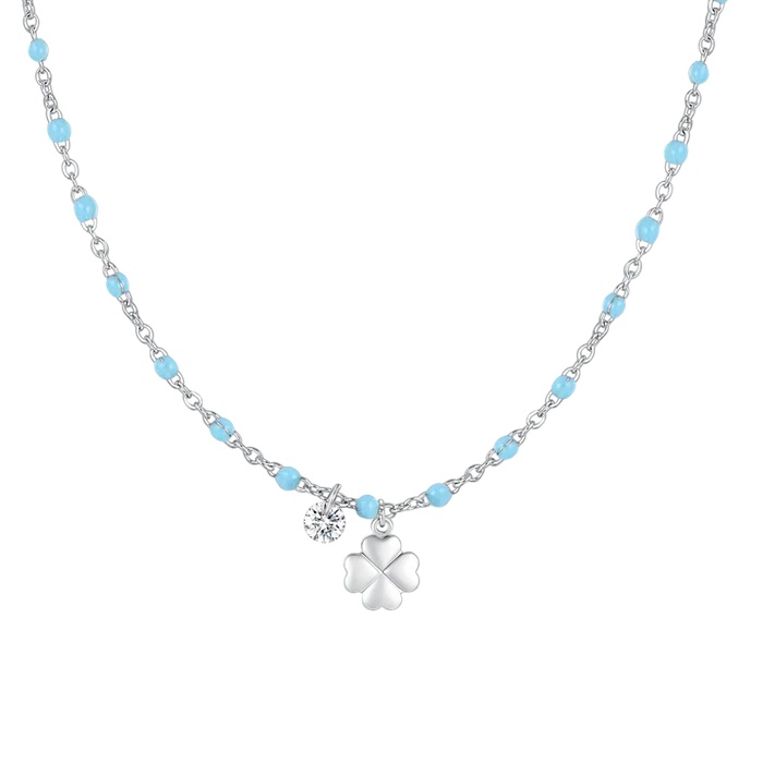 Luca Barra Hravý ocelový náhrdelník s&nbsp;modrými korálky Čtyřlístek CK2179 - Náhrdelníky