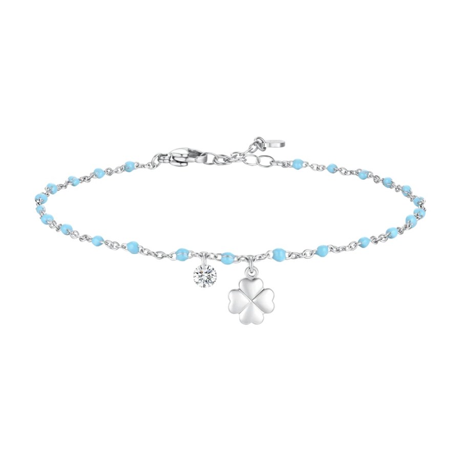 Luca Barra Hravý ocelový náramek s&nbsp;modrými korálky Čtyřlístek BK2834 - Náramky Náramky s&nbsp;přívěsky