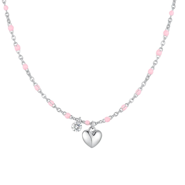 Luca Barra Slušivý ocelový náhrdelník s&nbsp;růžovými korálky Srdce CK2177 - Náhrdelníky
