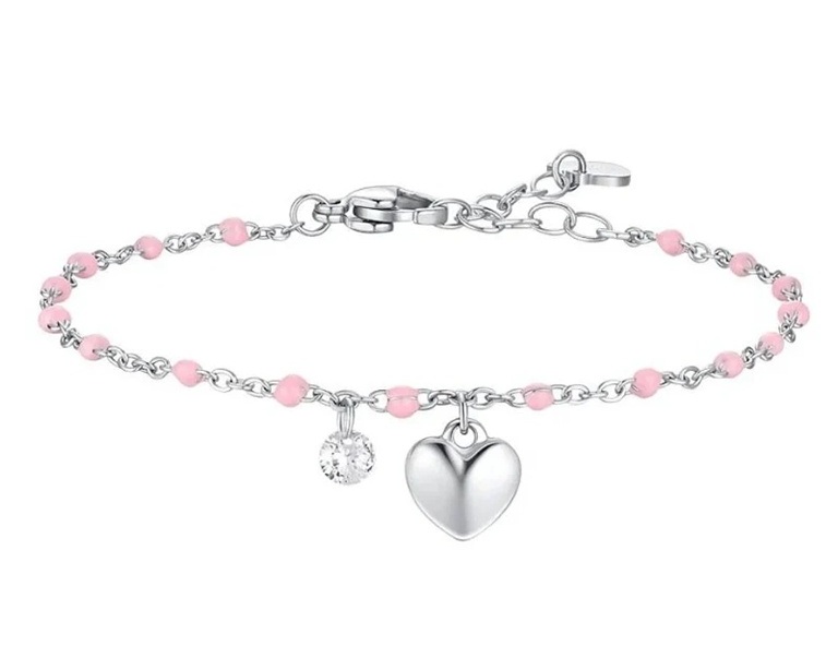 Luca Barra Slušivý ocelový náramek s&nbsp;růžovými korálky Srdce BK2832 - Náramky Náramky s&nbsp;přívěsky