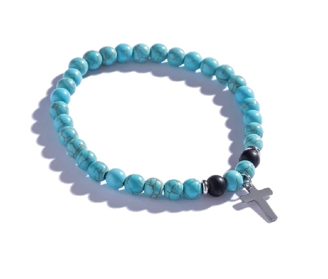 Marc Malone Pánský korálkový náramek s&nbsp;tyrkysem Křížek MCGB5096 - Náramky Korálkové náramky