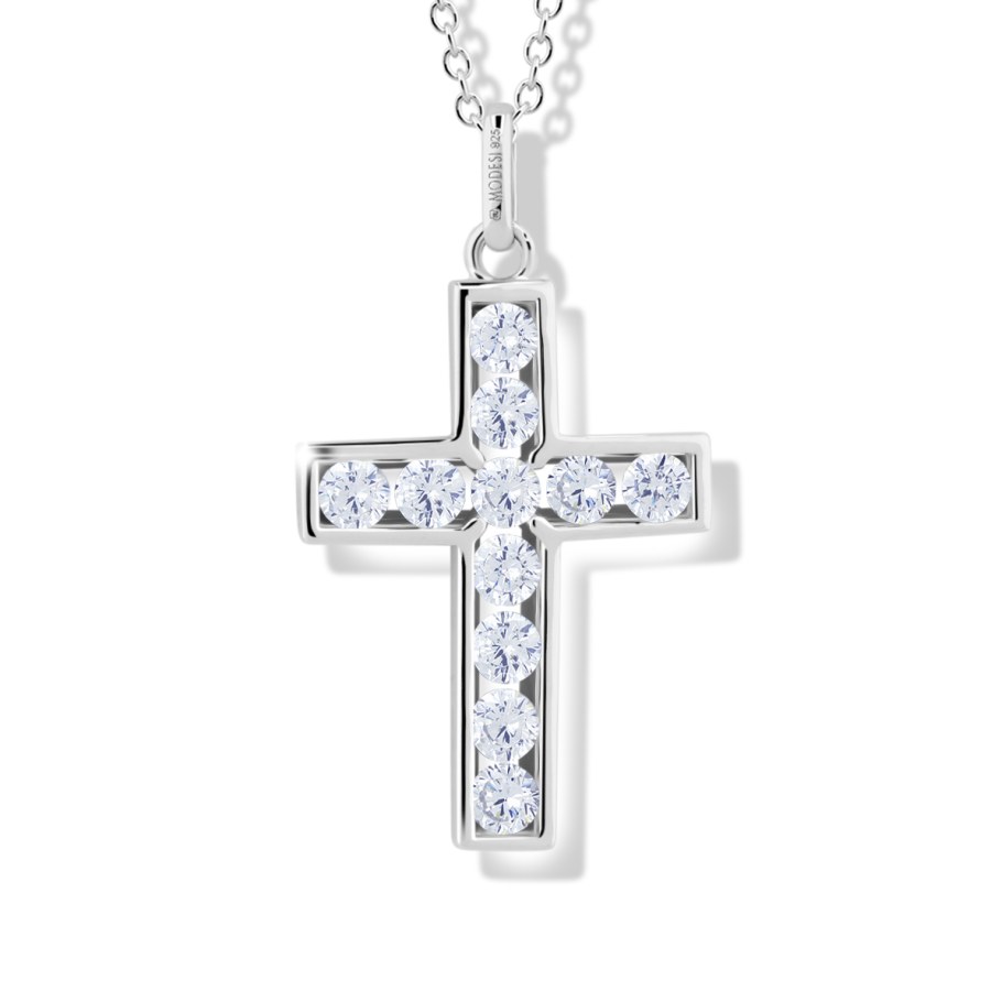 Modesi Nadčasový náhrdelník s kubickými zirkony Křížek M00741 (řetízek, přívěsek) - Náhrdelníky