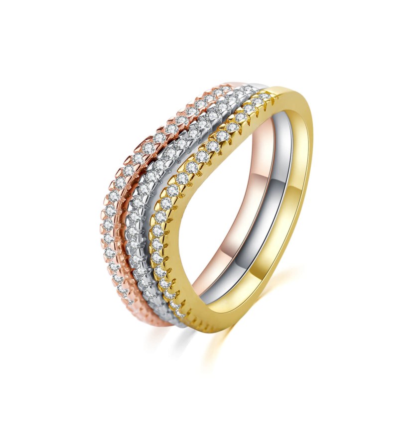 MOISS Elegantní tricolor sada stříbrných prstenů se zirkony R00020 58 mm - Prsteny Prsteny s kamínkem