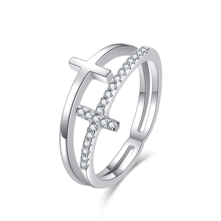 MOISS Luxusní dvojitý stříbrný prsten s křížky R00020 54 mm - Prsteny Prsteny s kamínkem