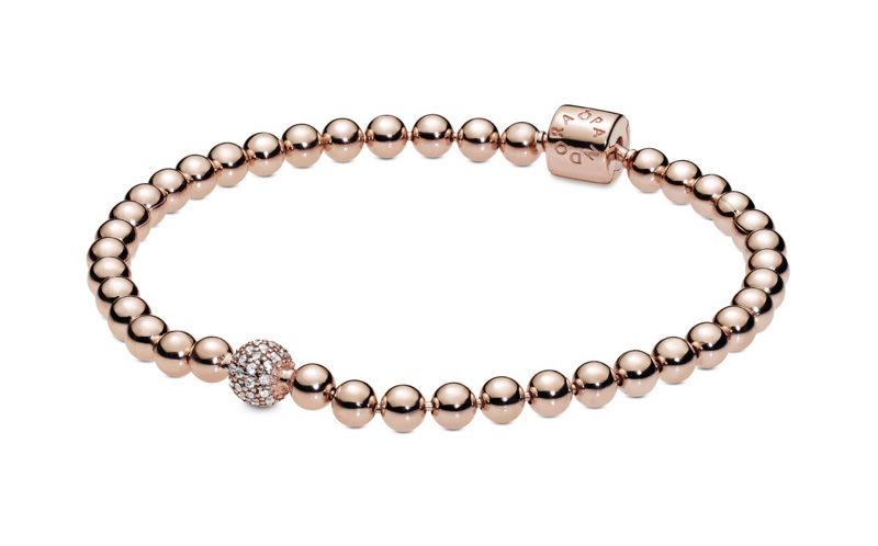 Pandora Pozlacený korálkový náramek Signature Rose 588342CZ 17 cm - Náramky Řetízkové náramky