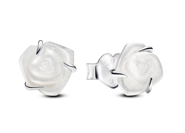 Pandora Stříbrné náušnice Rozkvetlá bílá růže 293209C01 - Náušnice Pecky