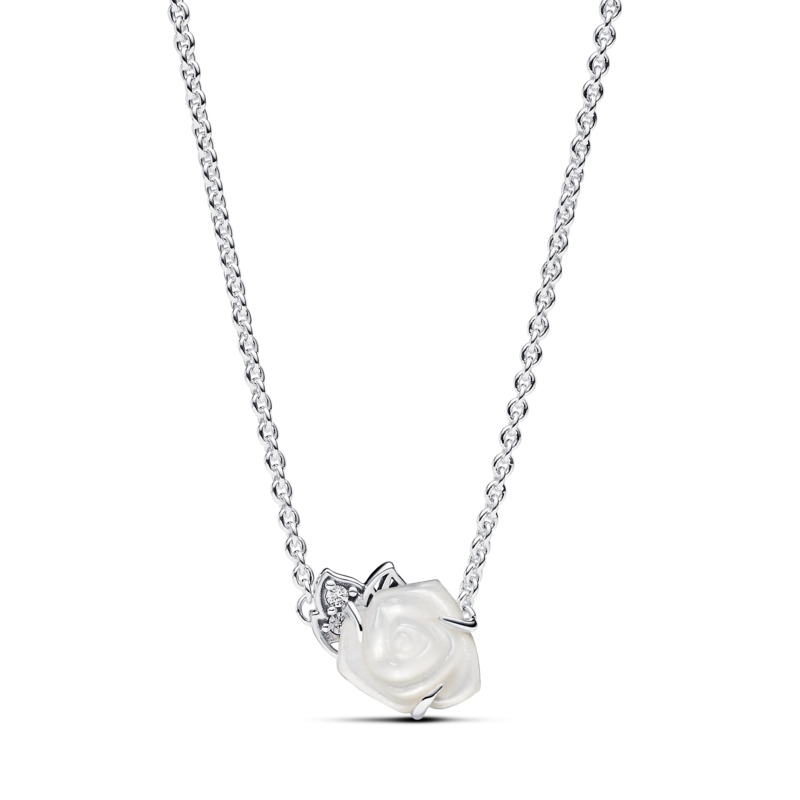 Pandora Stříbrný náhrdelník Rozkvetlá bílá růže 393206C01-45 - Náhrdelníky