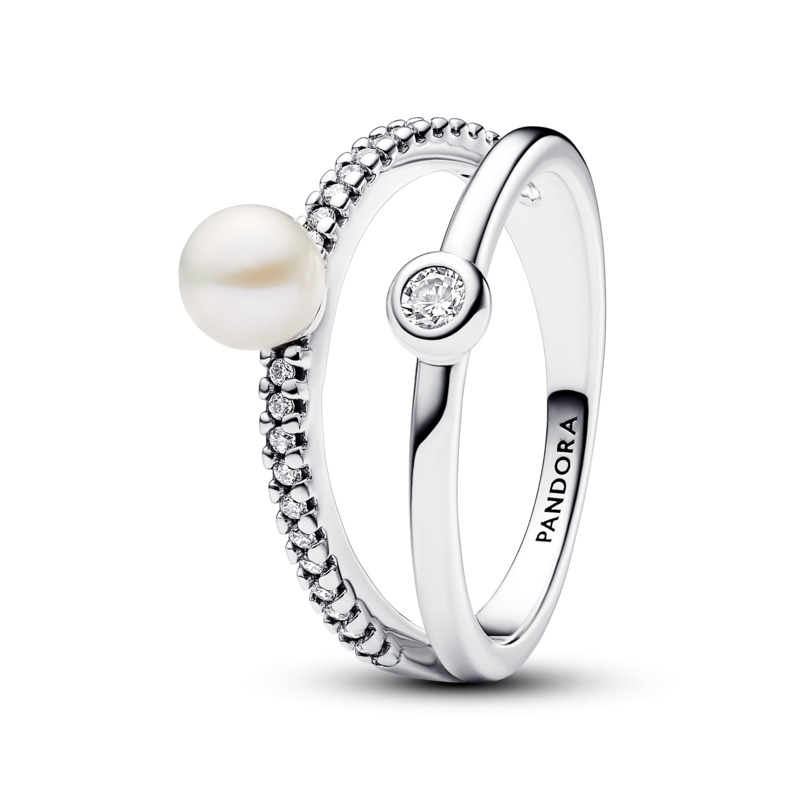 Pandora Dvojitý stříbrný prsten s perlou a zirkony Timeless 193147C01 50 mm Pandora Dvojitý stříbrný prsten s perlou a zirkony Timeless 193147C01 50 mm - Prsteny Prsteny s kamínkem