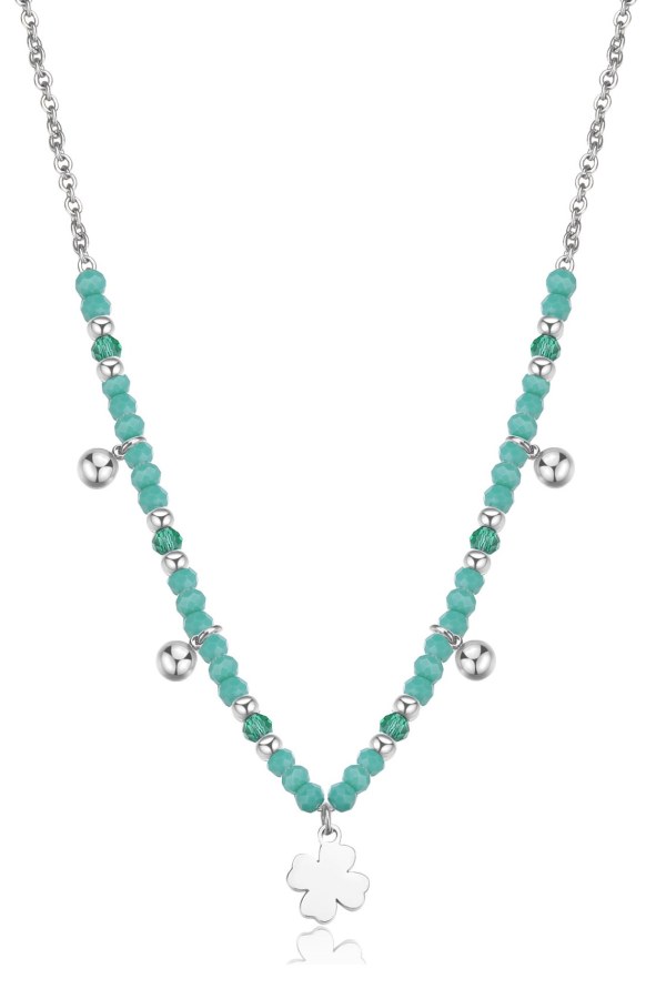 S´Agapo Ocelový korálkový náhrdelník s&nbsp;přívěsky Čtyřlístek Glint SGI03