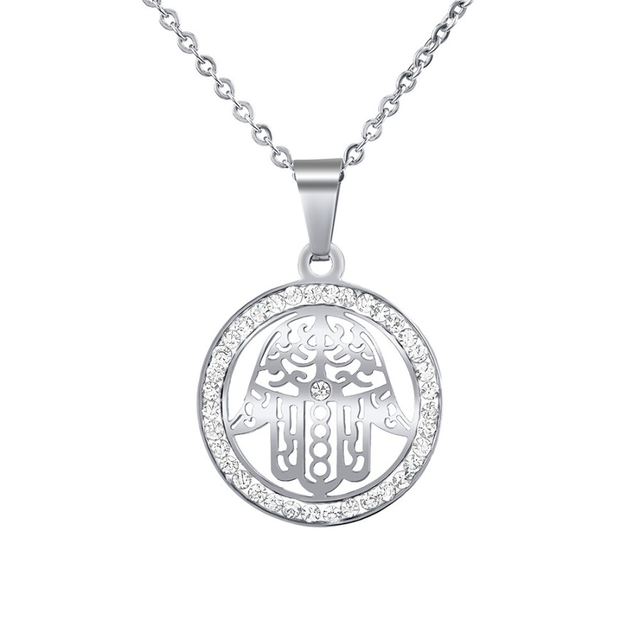 Silvego Ocelový náhrdelník s přívěskem ruky Fátimy s křišťálem KMM39914N - Náhrdelníky