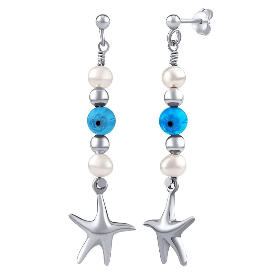 Silvego Stříbrné náušnice Triton s pravými perlami, hvězdami a korálkami PRM20261EPW