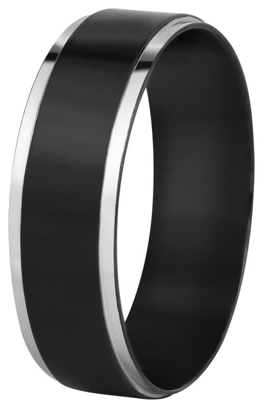 Troli Ocelový černý prsten se stříbrným okrajem 54 mm