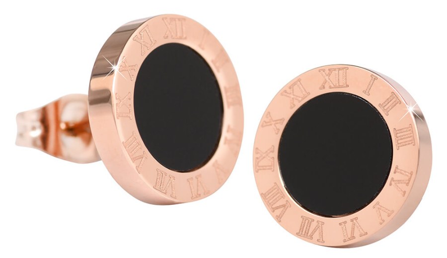 Troli Růžově pozlacené ocelové náušnice s černým středem KE-015 - Náušnice Pecky