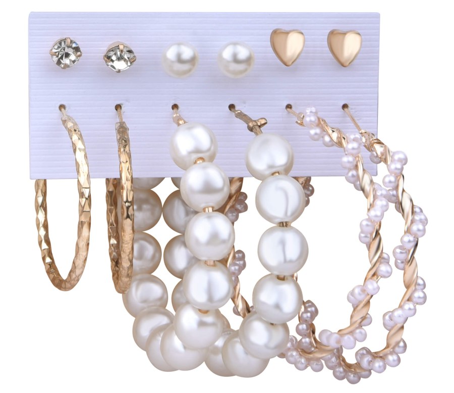 Troli Úžasná sada pozlacených kruhových náušnic a pecek s perlami (6 párů)