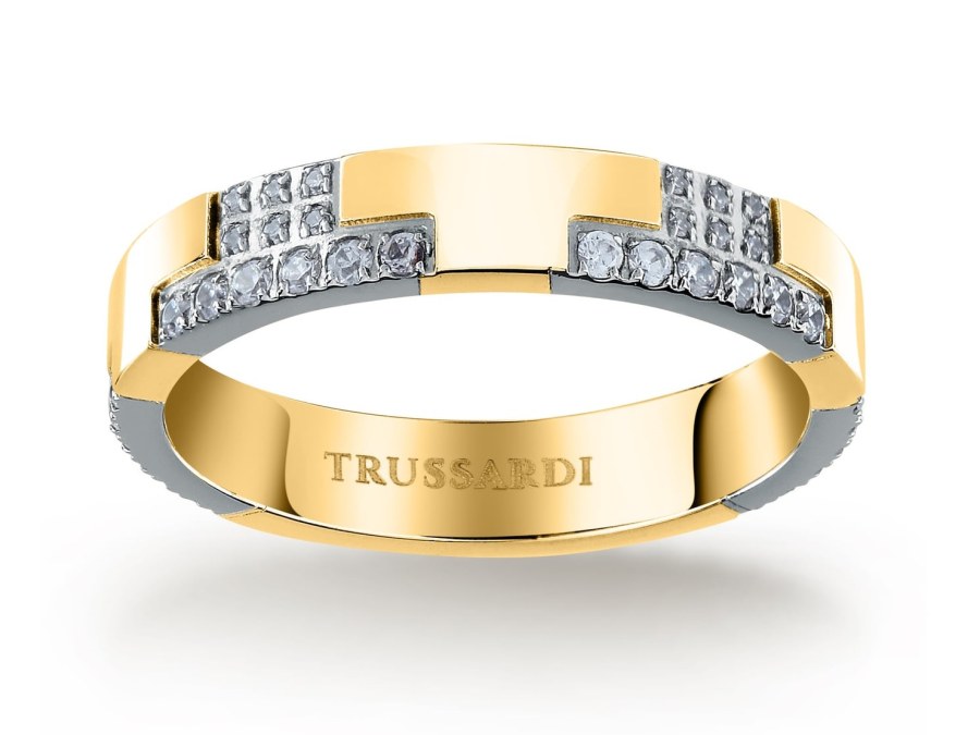 Trussardi Blyštivý bicolor prsten z oceli T-Logo TJAXC39 54 mm - Prsteny Prsteny s kamínkem