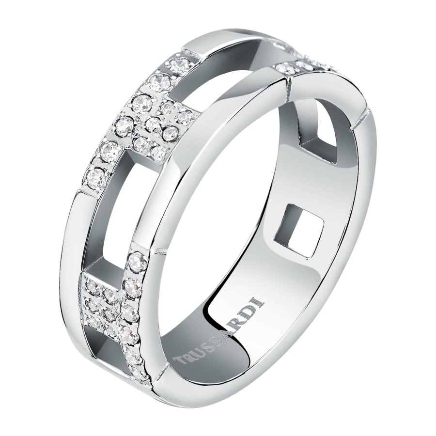 Trussardi Slušivý ocelový prsten se zirkony T-Logo TJAXC40 52 mm - Prsteny Prsteny s kamínkem