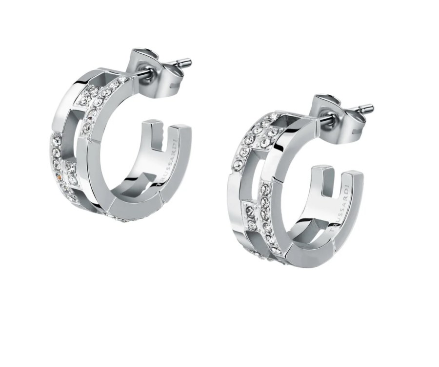 Trussardi Stylové ocelové náušnice se zirkony T-Logo TJAXC70 - Náušnice Kruhy